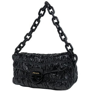 Prada Logo Chain Shoulder Bag Enamel Patent Vernis Leather Nero Black